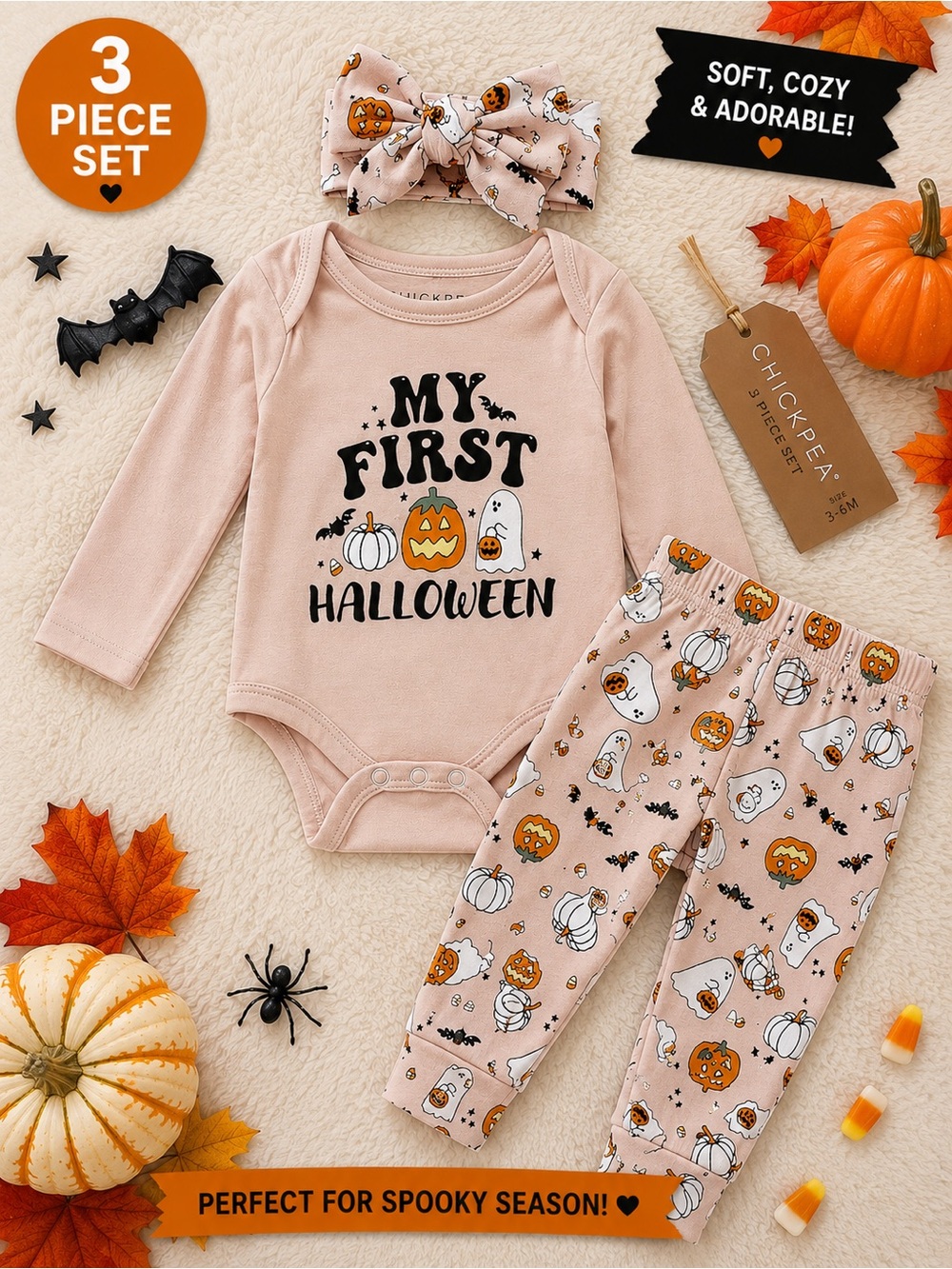 chick pea Pink Pumpkin & Ghost My First Halloween 3-Piece Baby Set